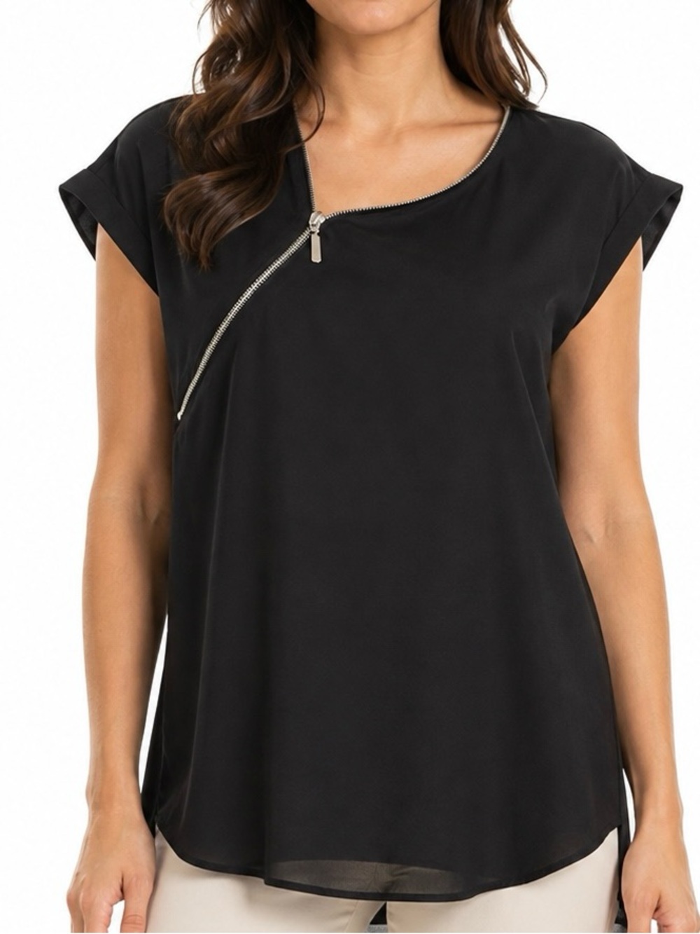 Express Black Asymmetrical Zipper Cap Sleeve High Low Blouse Women’s Large